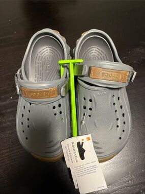 CROCS Gray Kids Clogs with Tan Strap Accents